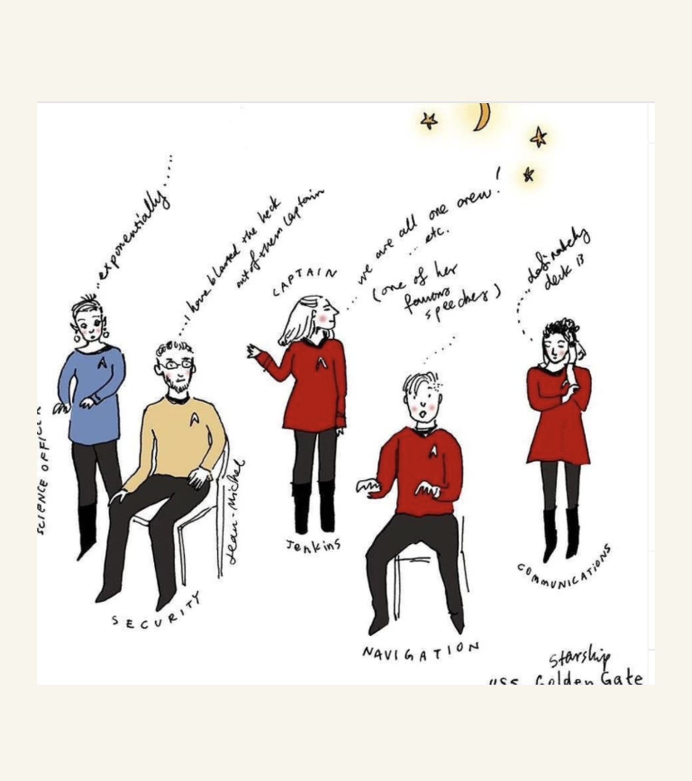 Hand-drawn USS Golden Gate crew illustration